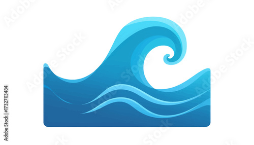Stylized illustration of a blue ocean wave with a curled crest, depicted against a white background.