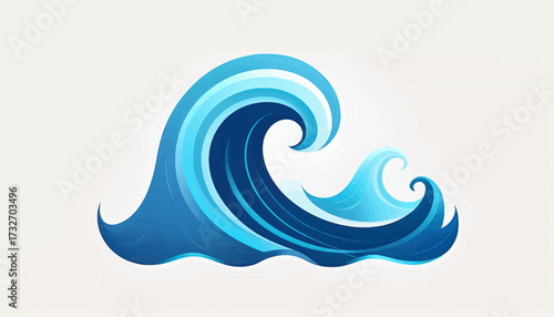 Stylized illustration of a large ocean wave curling and crashing, with smaller wave behind it, rendered in shades of blue.