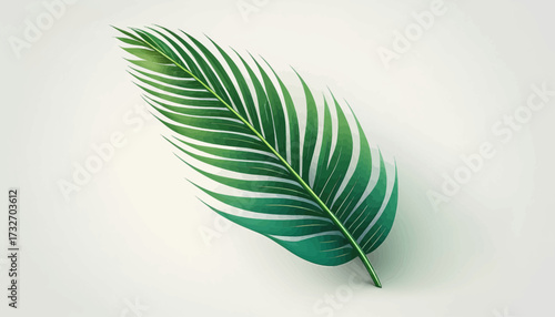 A single, vibrant green palm leaf with distinct veins lies diagonally on a bright white surface, casting a subtle shadow.