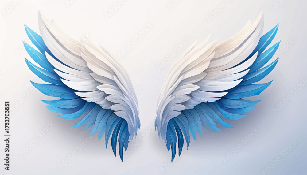 Obraz premium A pair of stylized, feathered angel wings with white and vibrant blue tips, gracefully spread against a soft, luminous background, evoking a sense of etherea...