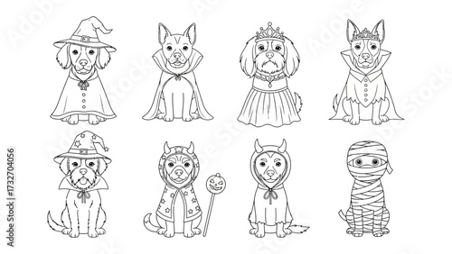 Halloween Pup Parade: A charming collection of outline illustrations featuring adorable dogs dressed up in creative and spooky Halloween costumes, ready to enchant and delight.
