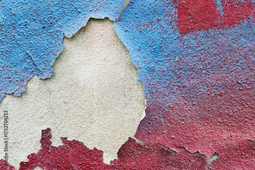 Peeling Blue and Red Paint on Weathered Stucco