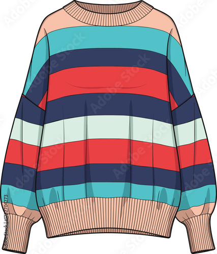 Colorful striped sweater illustration, long sleeves, round neckline, ribbed cuffs and hem, puffed sleeves, cozy knitwear, fashion design, vector sketch