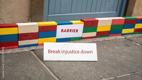 Colorful wooden blocks forming a barrier and a card with a message