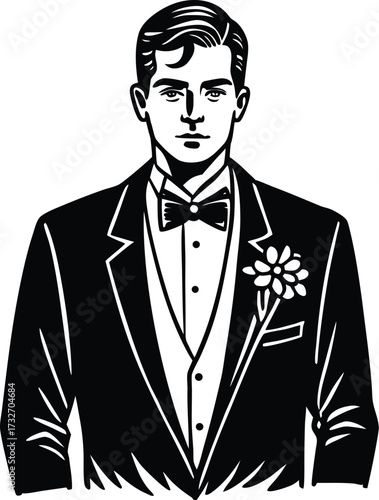 Confident man in tuxedo with bow tie standing for portrait