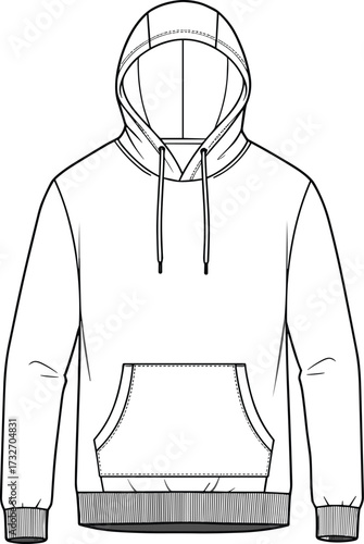 PrintHooded sweatshirt technical drawing—kangaroo pocket, drawstring hood, ribbed cuffs—vector fashion sketch, garment design, casualwear construction, apparel blueprint