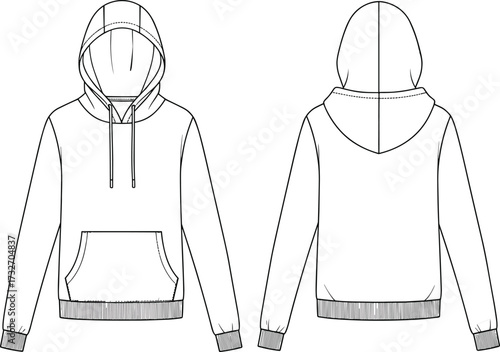 Hooded sweatshirt technical flat sketch—front and back views—vector fashion illustration, drawstring hoodie, kangaroo pocket, garment construction, casual apparel design
