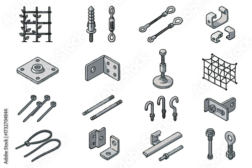 Rods anchors mounting frame clamp netting safety support garden vector fasteners icon