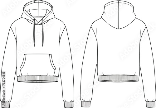 Hoodie technical flat sketch—front and back views—vector fashion illustration, drawstring hood, kangaroo pocket, garment construction, casual outerwear design