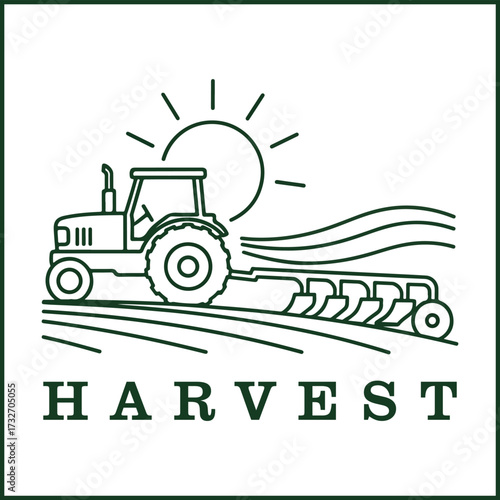 Farm Tractor Plowing Field Line Art Logo Design
