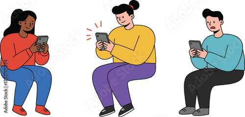 People reacting to smartphones cartoon illustration—seated poses, colorful outfits, expressive faces—vector artwork, mobile interaction, digital lifestyle, tech behavior