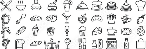 Food and drink icons, dining utensils, fast food, desserts, beverages, restaurant symbols, black white line set, culinary vector pack