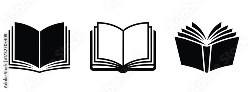 Black and white open book icon set featuring stylized silhouettes with dynamic page layouts for education, reading, and literature themes
