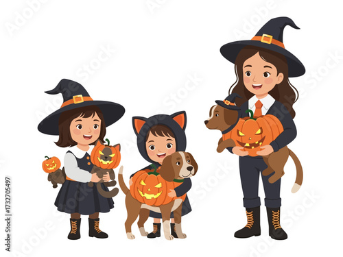 Halloween Spirit: Three children, each donned in festive Halloween costumes, joyfully clutch jack-o'-lanterns and their cherished pets, fully embracing the enchantment of the spooky season.