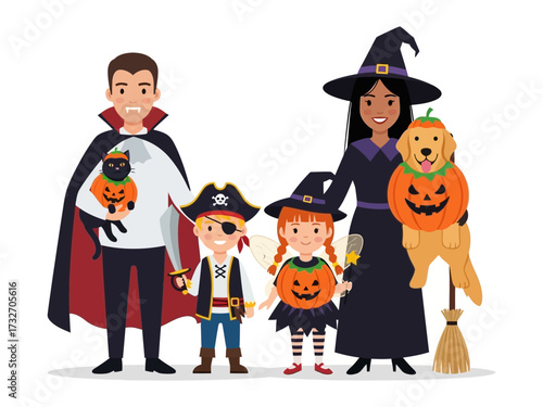 Halloween Family Fun: A joyous family embraces the spirit of Halloween, dressed in creative and captivating costumes, ready for trick-or-treating and spooky festivities. 