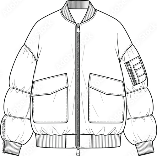 Puffer bomber jacket technical flat sketch—front view—vector fashion illustration, utility sleeve pocket, quilted outerwear, garment construction, apparel blueprint