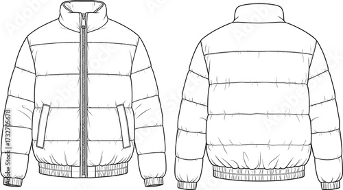 Puffer jacket technical flat sketch—front and back views—vector fashion illustration, garment construction, outerwear design, quilted coat, apparel blueprint
