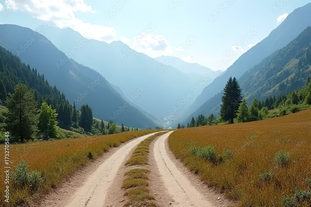 Fototapeta premium Dirt road through mountains and forest.created with the help of artificial intelligence.