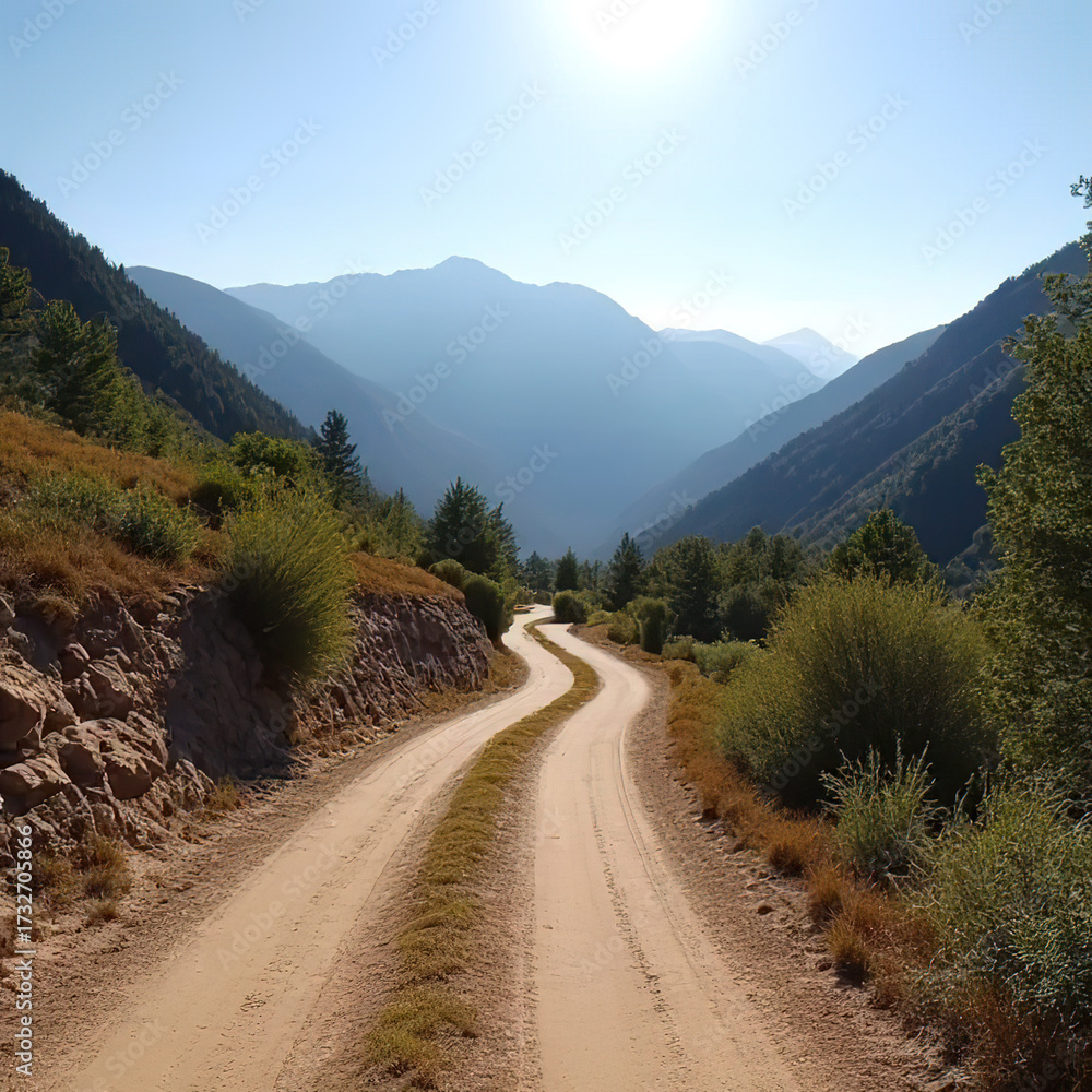 Fototapeta premium Dirt road through mountains and forest.created with the help of artificial intelligence.