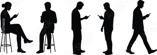 Smartphone user silhouette illustration—seated, standing, walking poses—vector artwork, mobile behavior, tech lifestyle, digital interaction, posture variation