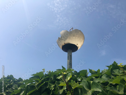 Broken globe lamp above a hedge in Mallorca, Spain, Europe, June 28, 2023