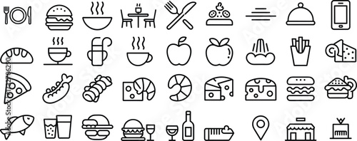 Food and restaurant icon set, black and white grid of meals, drinks, utensils, and storefront symbols, cad drawing flat vector illustration