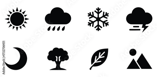 Black weather and nature icon set featuring sun, moon, clouds, rain, snow, lightning, tree, leaf, and mountain symbols for design use