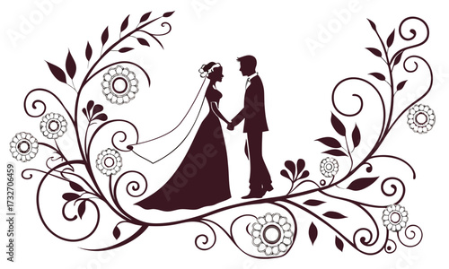 bride and groom on a white background with flowing leaves and flowers