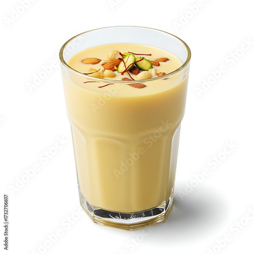 Golden saffron milk thandai in a clear glass, garnished with almonds, pistachios, cashews, and saffron strands, isolated on white background, refreshing traditional Indian drink.