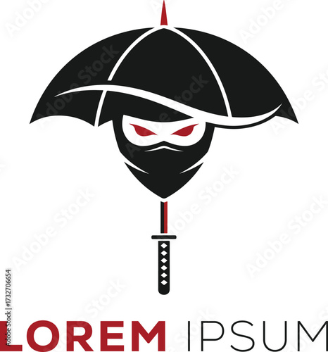 Ninja Assassin Mascot Logo with Umbrella and Katana Sword, Stealth Warrior Concept Vector Illustration