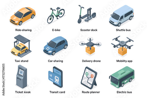 Delivery car planner route urban bus icons stand vector mobility icon kiosk
