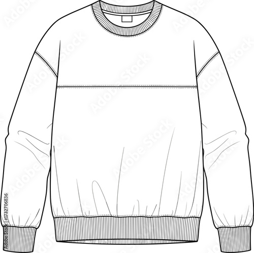 Technical fashion illustration, crewneck sweatshirt vector, ribbed cuffs and hem, puffed sleeves, chest seam detail, garment design, black line sketch