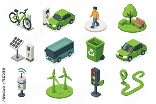 Urban icons zone pedestrian green electric vector public icon sensor bin sustainability