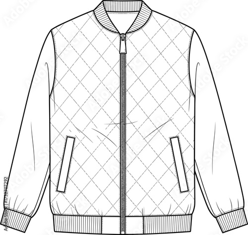 Technical fashion illustration, quilted bomber jacket vector, diamond pattern, ribbed collar and cuffs, welt pockets, front zipper, garment design sketch