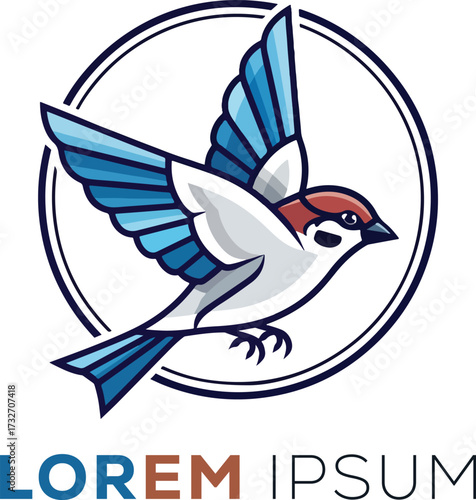Flying Sparrow Bird Logo Design in Blue and White