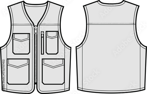 Technical fashion illustration, utility vest vector, V-neck, zipper front, flap pockets, zip chest pocket, front and back views, garment sketch