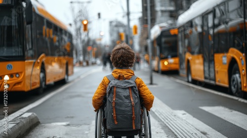 Schoolboy in wheelchair boarding electric city bus with ramp representing inclusive accessibility sustainable public transport urban mobility and authentic eco infrastructure