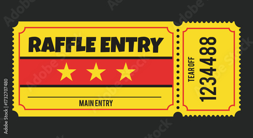 Vibrant yellow raffle entry ticket design with stars and numbered stub for promotional giveaways
