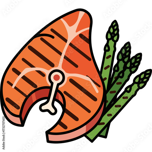 A typical keto or low-carb diet meal: Grilled salmon and asparagus. This simple graphic is a great image for fitness blogs, nutrition guides, and meal planning websites.
