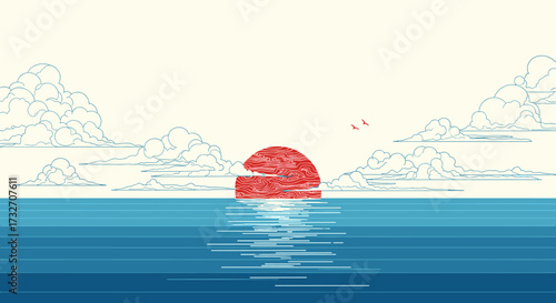 A minimalist pixel art depiction of a vibrant sun setting over a calm ocean with wispy clouds and two birds flying.