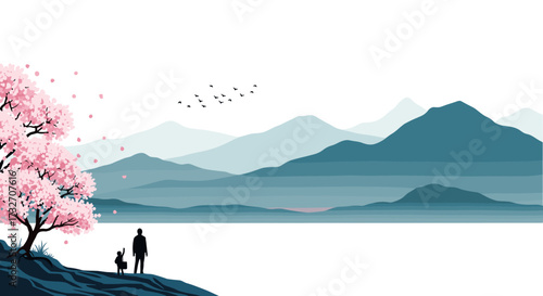 A solitary traveler and their loyal companion find peace beside a blooming cherry tree overlooking serene mountains and a tranquil lake.