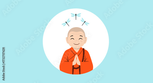 A joyful Buddhist monk with a peaceful mind surrounded by dragonflies.