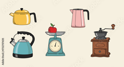 A collection of vintage kitchen appliances and a single piece of fruit.