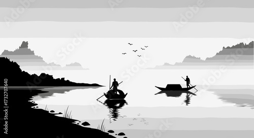 Two ancient boats drift peacefully on a serene lake with misty mountains in the background.