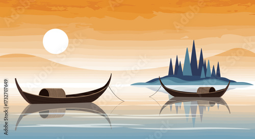Two serene boats float on tranquil waters under a warm sunset sky with distant misty mountains.