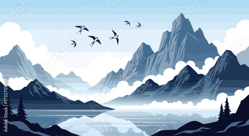 Majestic mountain range under a cloudy sky with birds flying over a serene lake.