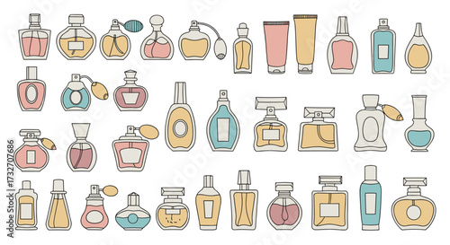A diverse collection of various perfume bottles and cosmetic packaging displayed in a grid pattern.