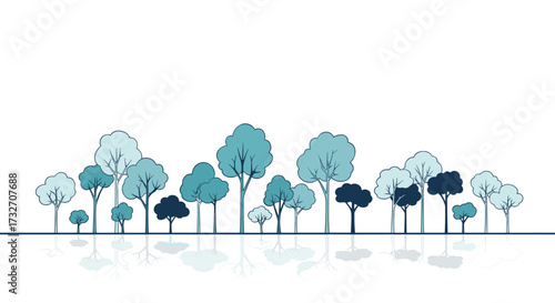 A refreshing line of stylized blue trees with their reflections on a white background.
