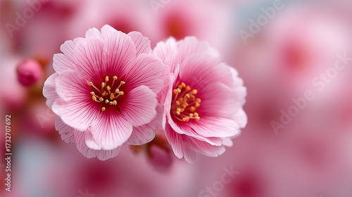 A close up of two pink flowers on a branch