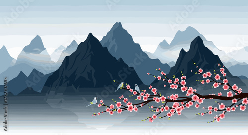 Serene mountainous landscape with cherry blossoms and small birds perched on branches.
